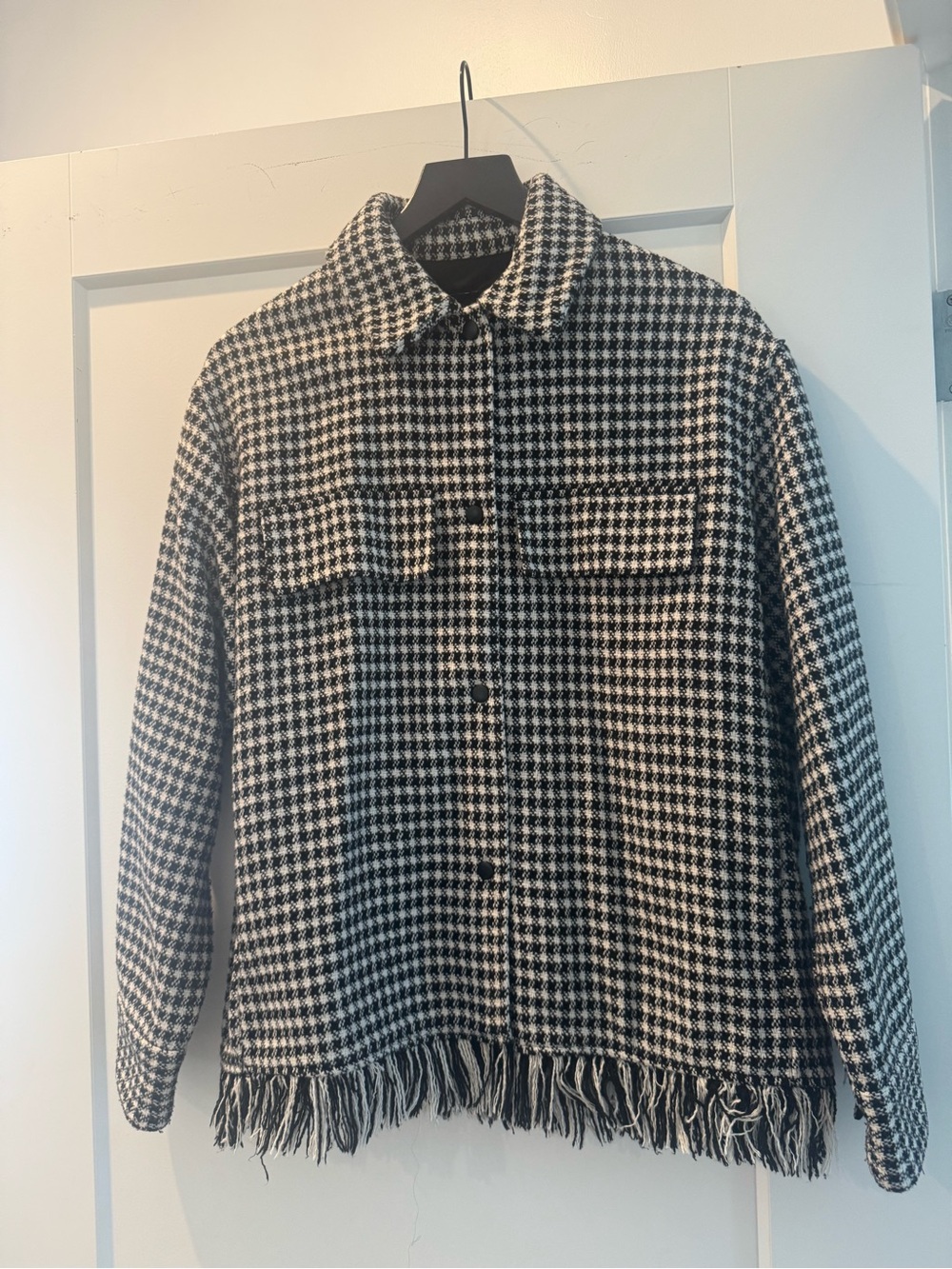 Zara Black & White Houndstooth Fringe Utility Jacket
